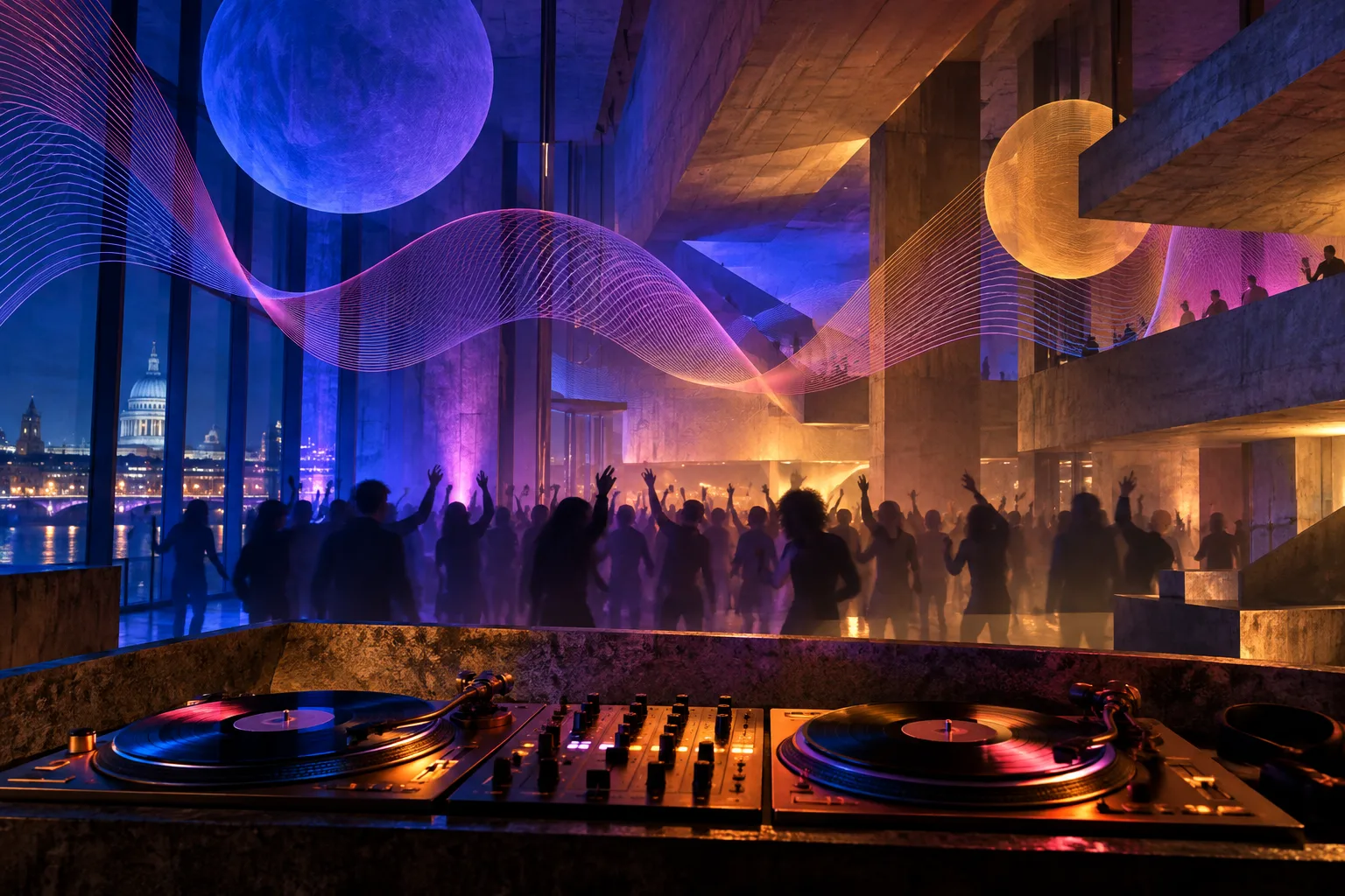 Editorial illustration of a bass-music DJ set and crowd inside a modern South Bank arts venue