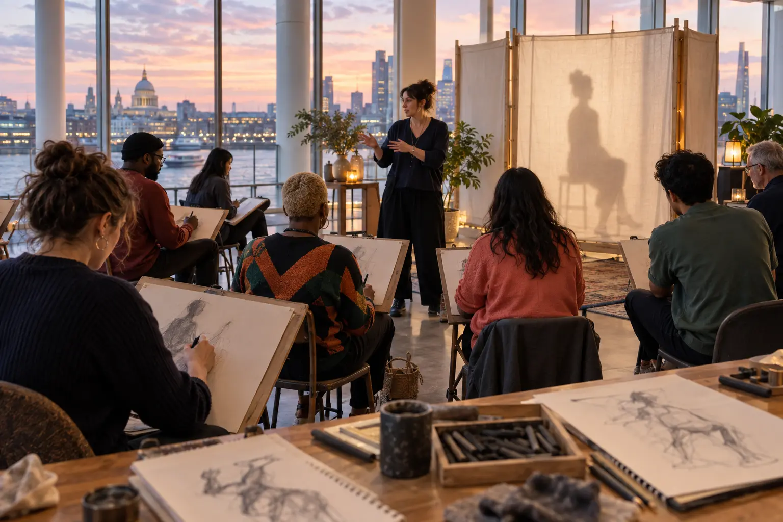 Original editorial image of a diverse group using charcoal and drawing boards in a bright riverside workshop