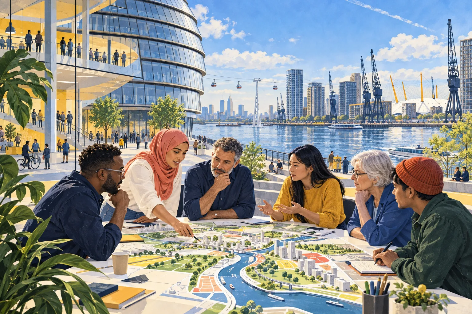 Editorial illustration of London residents discussing a future city plan beside City Hall and Royal Docks