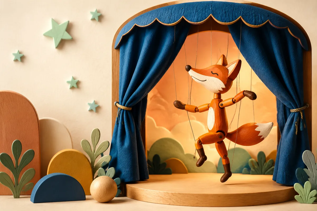 Conceptual illustration of a wooden fox puppet on a miniature stage