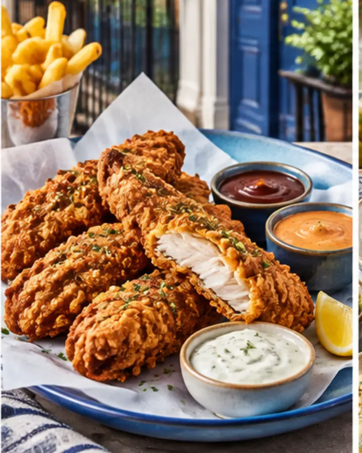 Crispy chicken tenders and sauces representing Cheffin’s menu