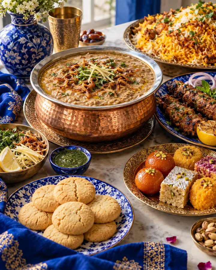 Haleem, biryani, grilled dishes and sweets representing Pista House’s cuisine