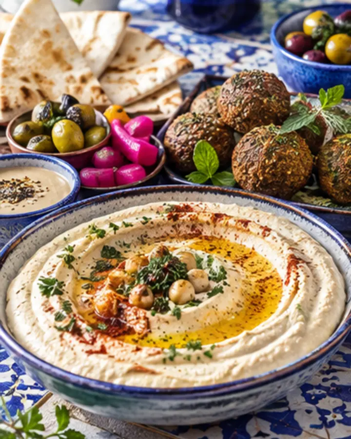 Hummus, falafel and vegetables representing Hummus Bar’s menu style