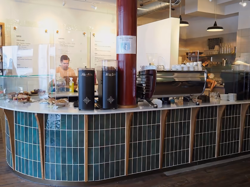 The counter inside Prufrock Coffee on Leather Lane