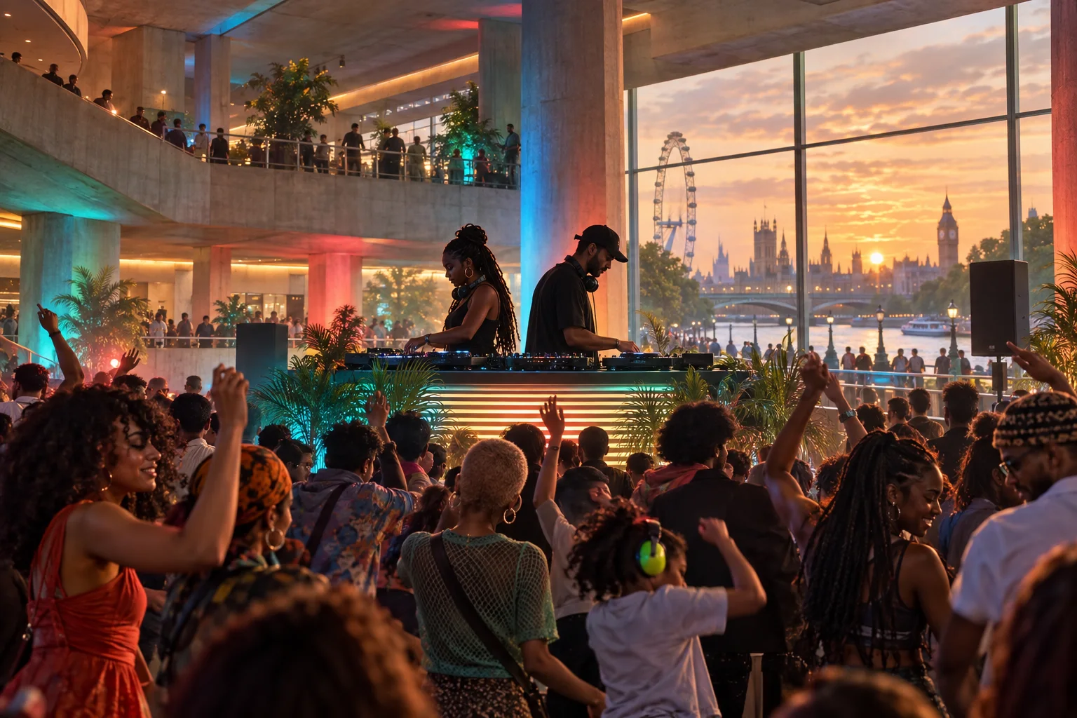 Original editorial image of two DJs and an all-ages crowd in a colourful riverside arts-centre foyer