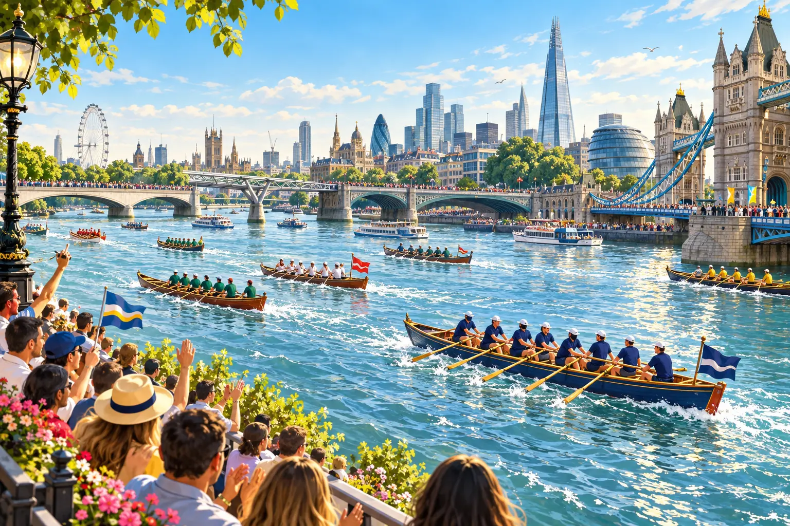 An original bright illustration of rowing crews racing along the River Thames
