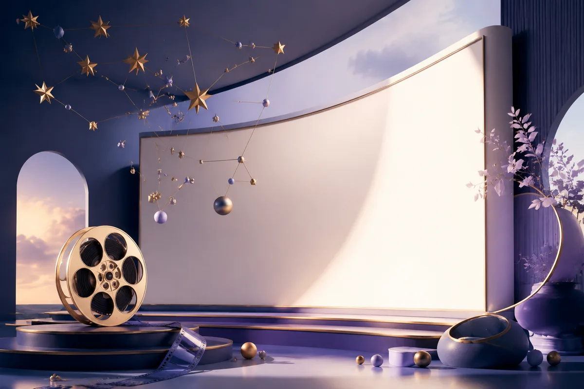Conceptual illustration of a curved cinema screen and film reel