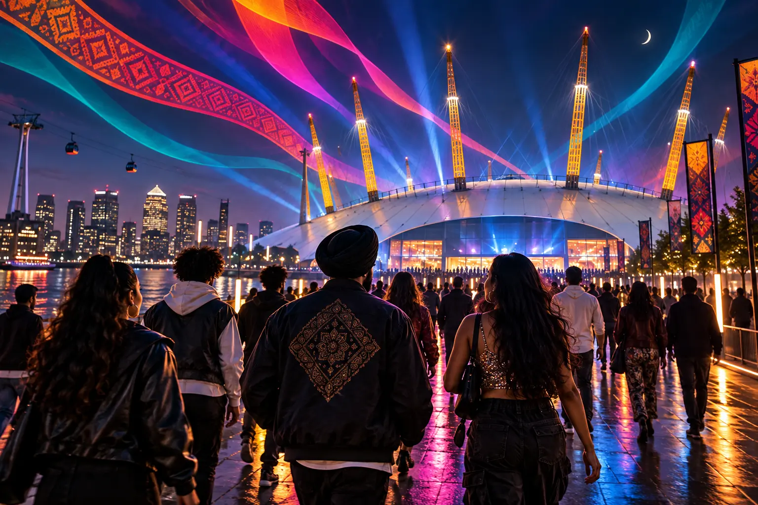 Original editorial night scene of concertgoers approaching a London arena beneath vivid Punjabi-inspired light patterns; not an official artist photograph