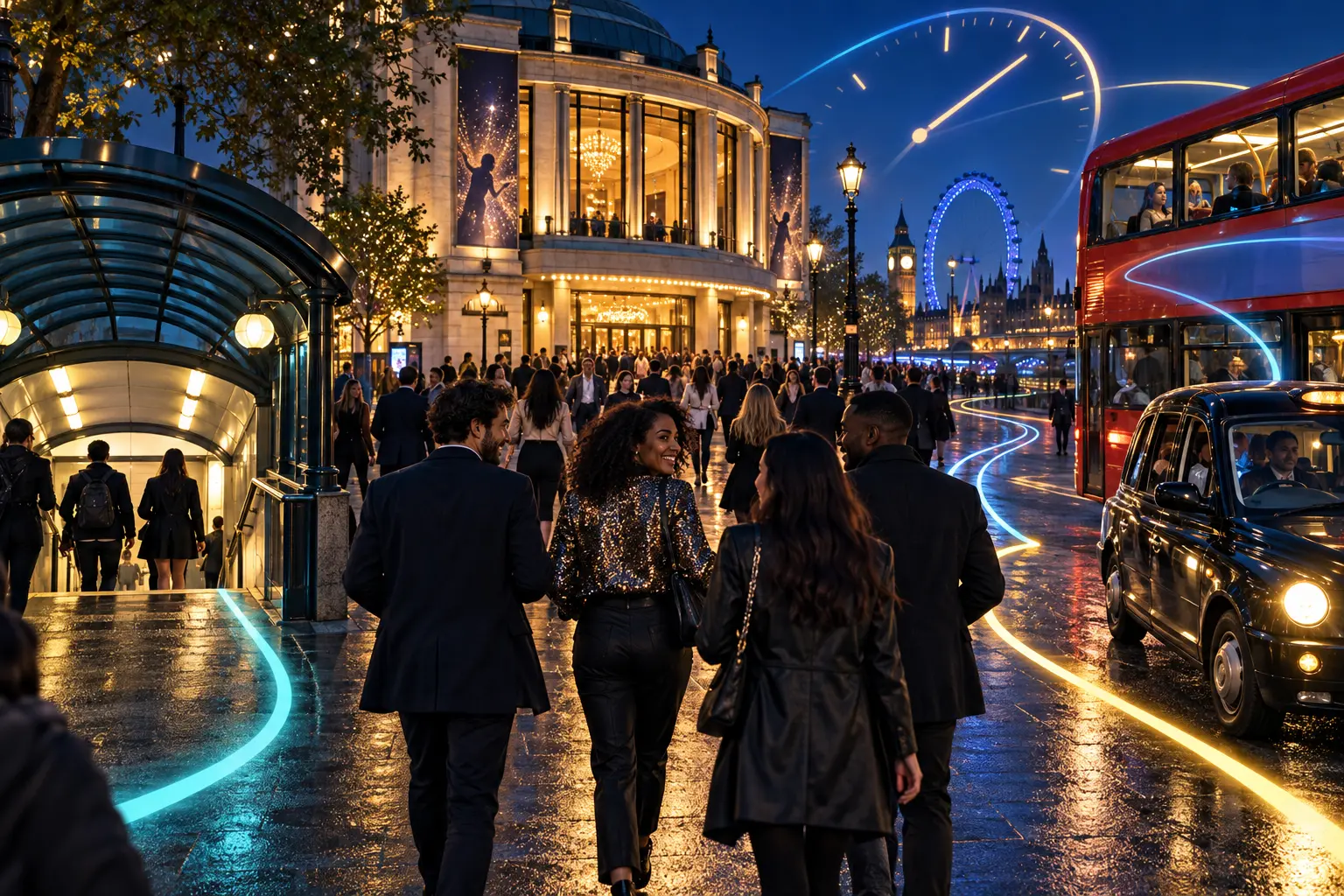 Original editorial night scene showing London event visitors choosing between Underground, bus and taxi routes