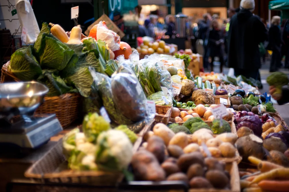 Fresh vegetables displayed at a Borough Market stall