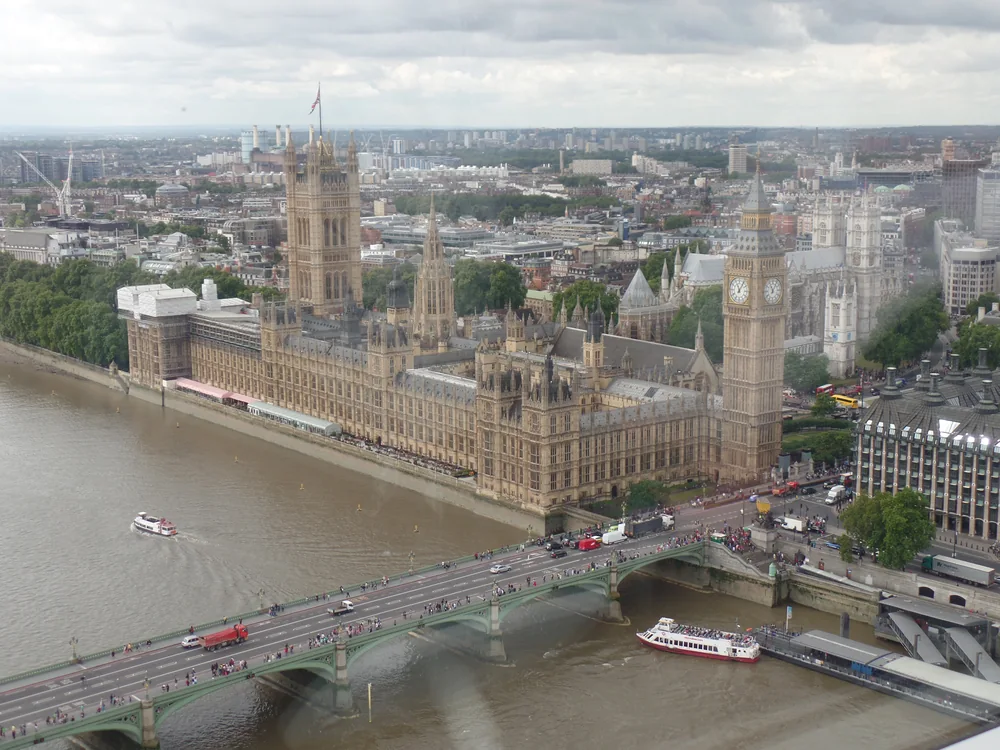 Palace of Westminster, Westminster Bridge and the Thames viewed from the London Eye