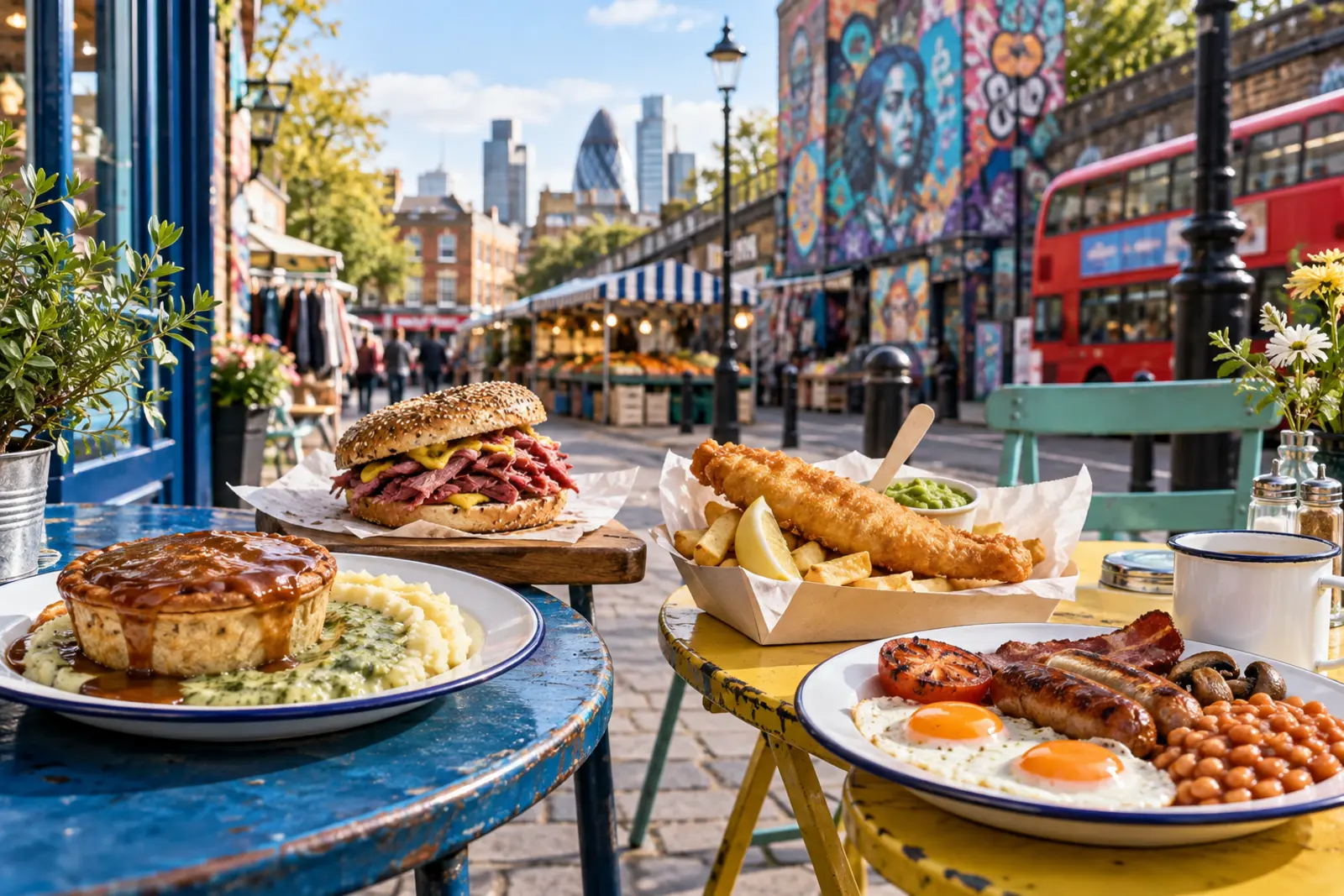 London market tables filled with local dishes and bright wayfinding details