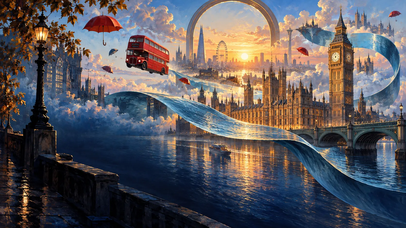 Original surrealist artwork of London at sunrise, with the Thames rising like a ribbon above Westminster