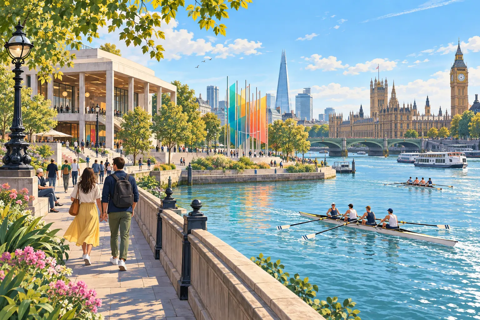 An original bright illustration of a London weekend route beside the Thames