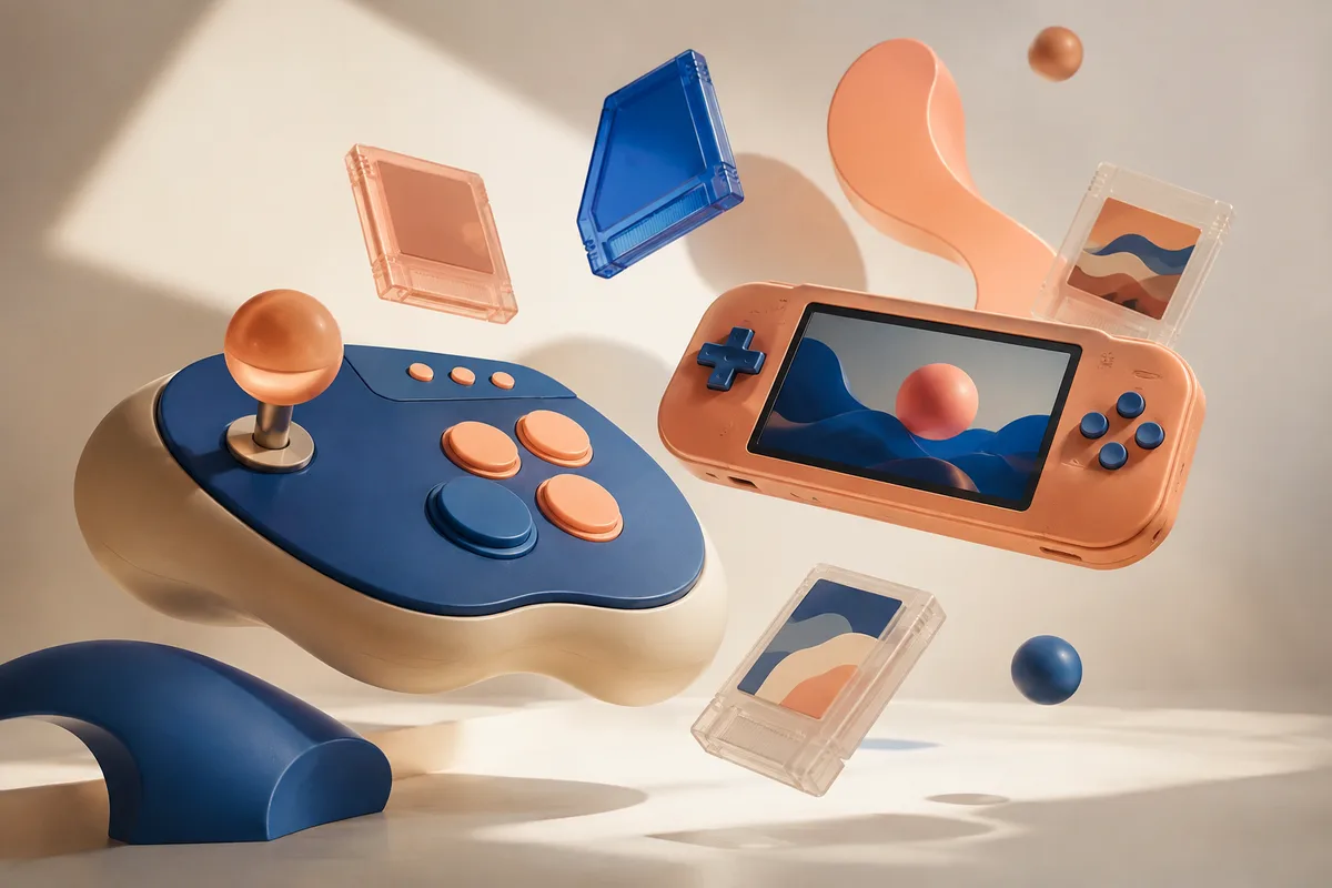 Conceptual illustration of colourful game controllers and consoles
