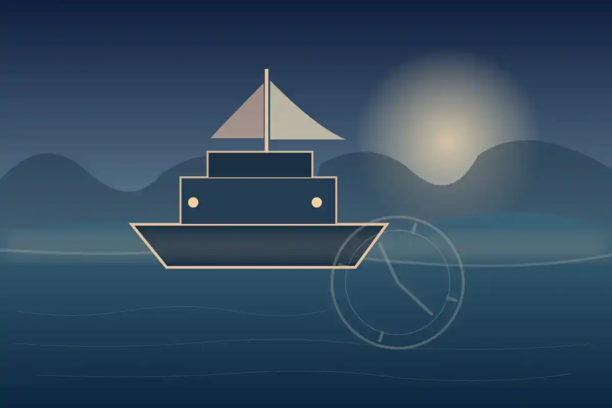 Original editorial illustration of a fishing boat and a clock reflected in a misty harbour; not a film still