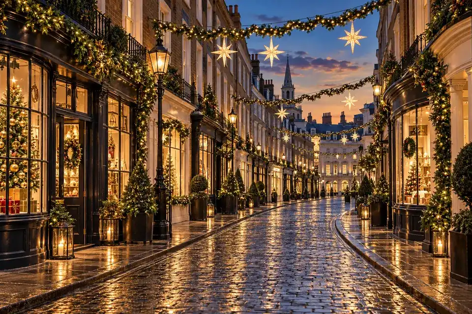 Illustration of a festive London street with decorated Christmas trees in shop windows