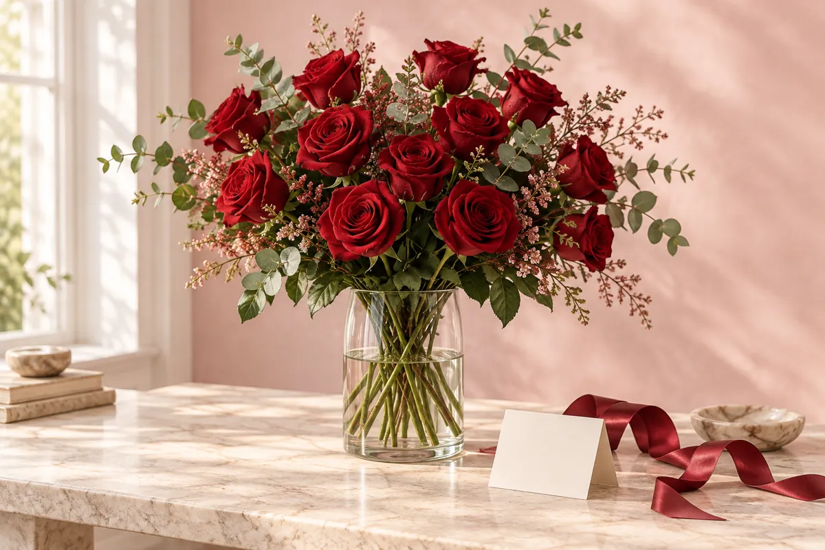 Illustrative arrangement of red roses in a glass vase with a blank gift note