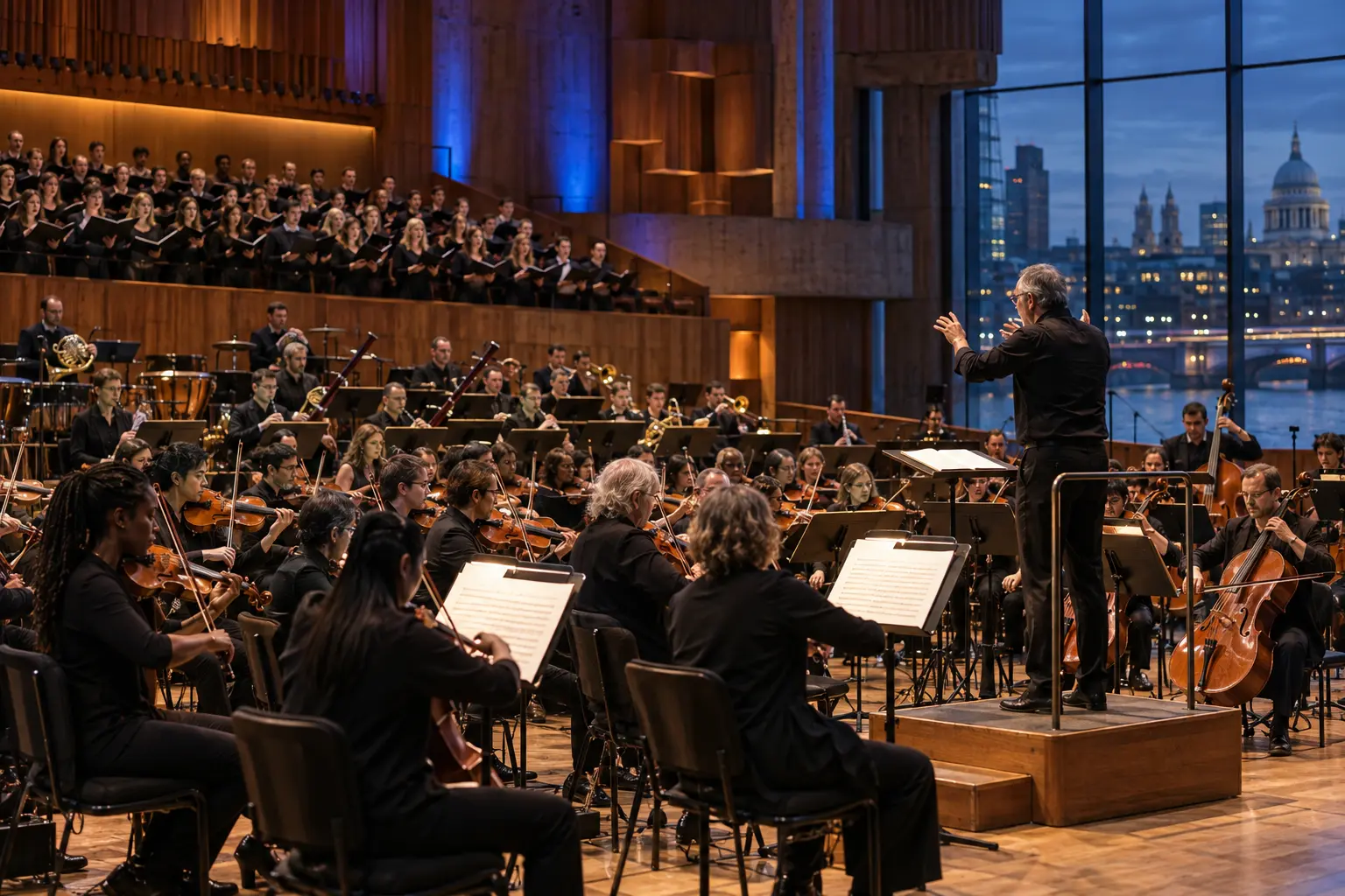Original editorial image of an orchestra and choir rehearsing in a modern London riverside concert hall